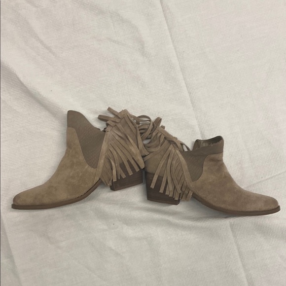 Tan Suede Ankle Booties with Fringe - Picture 1 of 10